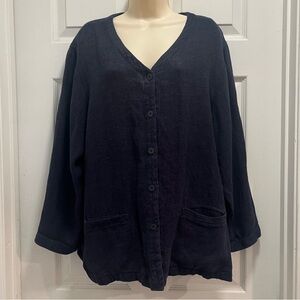 Eileen Fisher Organic Linen Cotton V-Neck Cardigan - Navy Blue - Med/Large EUC